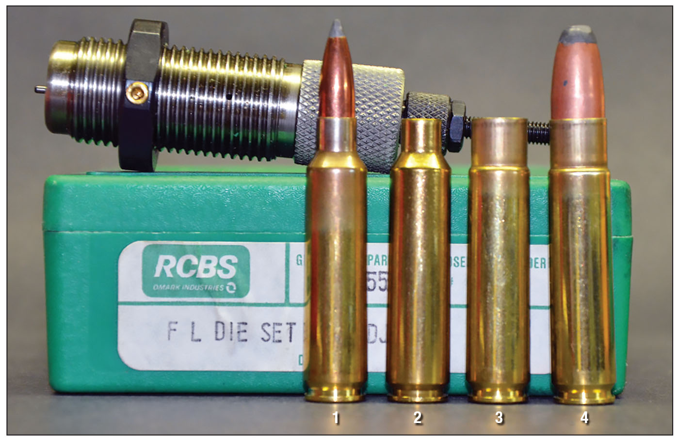 Neck diameter of the .284 Winchester case can be increased by using tapered expanders available from RCBS or by fireforming: (1) .284 Winchester cartridge, (2) .384 Winchester case, (3) .284 case fireformed and full-length resized for .411-inch bullets and (4) .411-284 cartridge.